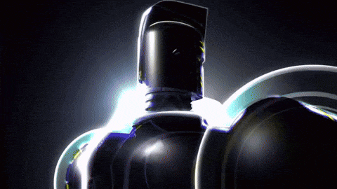 a robot with a helmet on is surrounded by glowing lights