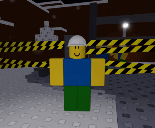 a roblox character wearing a hard hat is standing in front of a yellow and black caution tape