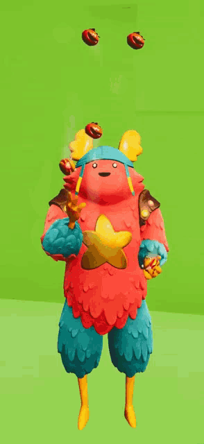 a cartoon character with a star on his chest juggling fruit