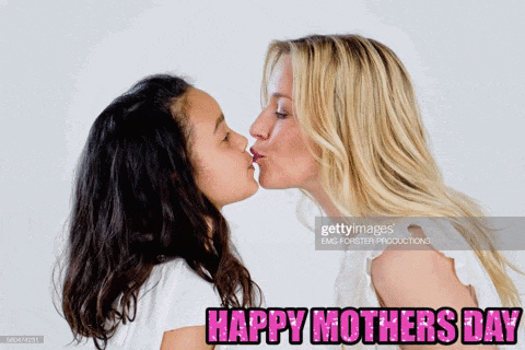 a woman is kissing a little girl on the cheek with the words happy mothers day below them