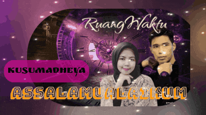 a man and a woman are standing next to each other in front of a purple clock