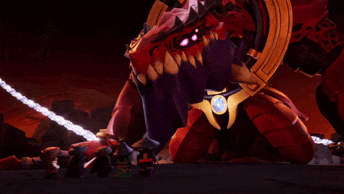 a group of lego ninjago characters standing in front of a large red monster
