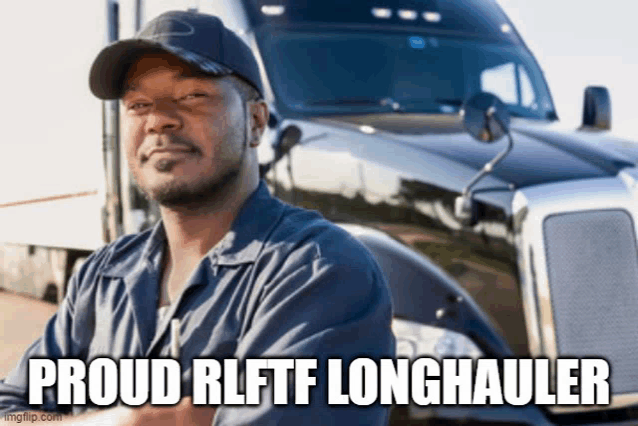 a man is standing in front of a truck with the words proud rlfft longhauler below him