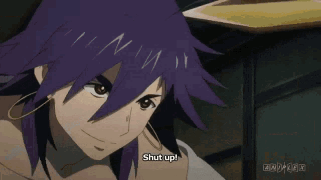 a close up of a cartoon character with purple hair and a white shirt
