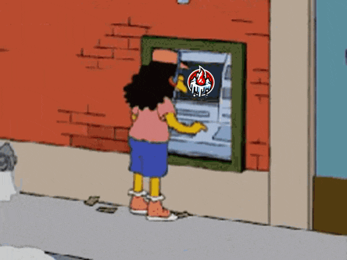 a cartoon of a girl using an atm machine with a fire logo on it