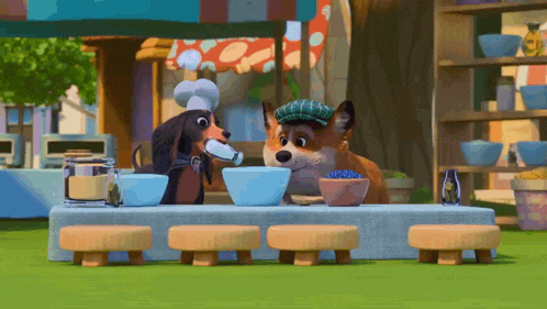 a dog and a fox are sitting at a table