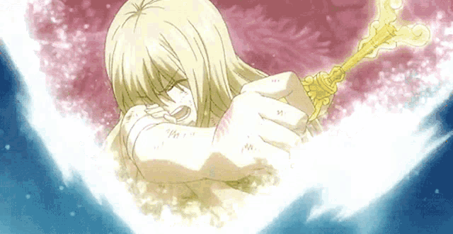 a woman with blonde hair is holding a gold key in her hand
