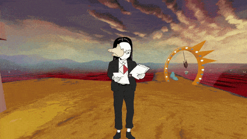 a cartoon of a man in a suit holding papers