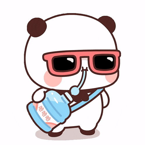a cartoon panda bear wearing sunglasses and holding a bottle of water