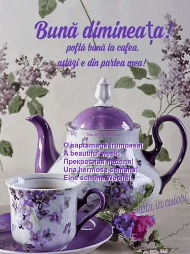 a purple teapot sits on a saucer next to two cups of tea