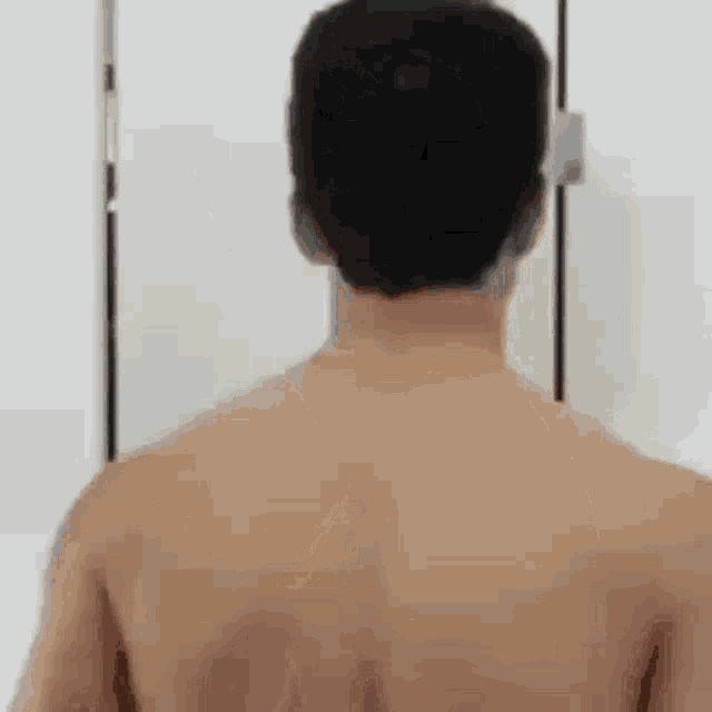 a shirtless man is standing in front of a door and looking at his back .