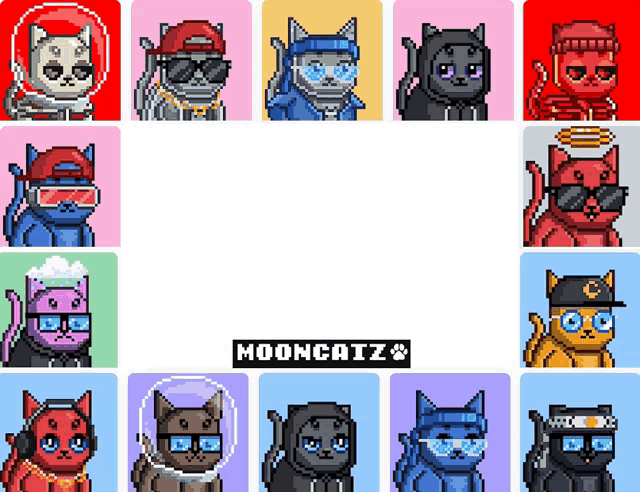 a collage of pixel art cats with the word mooncatz in the corner