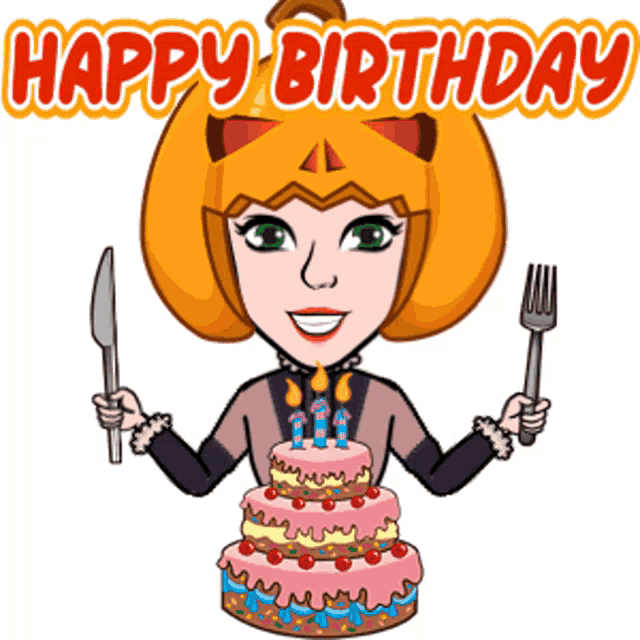 a cartoon of a woman holding a knife and fork with a birthday cake in the background