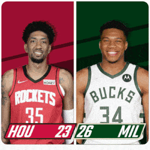 two basketball players from the rockets and the bucks are standing next to each other