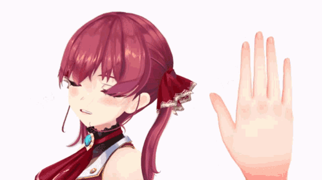 a red haired anime girl with a bow in her hair is giving a high five