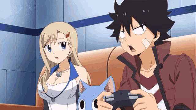 a man is playing a video game with a cat behind him