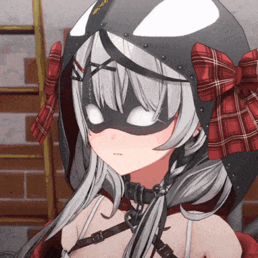 a close up of a girl wearing a mask and a helmet