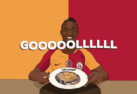 a cartoon of a man holding a plate with the words gooooolll written above him
