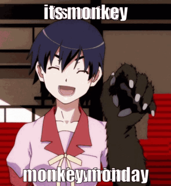 a picture of a girl and a monkey says it 's monkey monkey monday