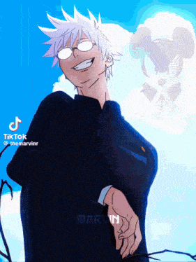 a drawing of a man with glasses and a mickey mouse behind him