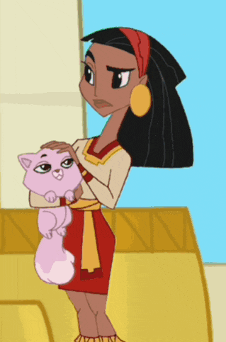 a cartoon of a woman petting a pink cat