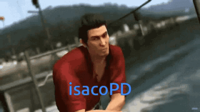 a man in a red shirt with the word isacopd written on it