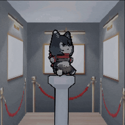 a pixel art of a cat sitting on a pedestal in a room