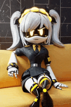 a cartoon character is sitting on a yellow couch with a badge that says ' r.i.t. '