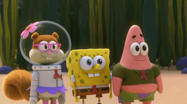 spongebob squarepants patrick star and sandy cheeks are standing next to each other