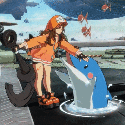 a girl with a skull and crossbones hat is petting a dolphin in a video game