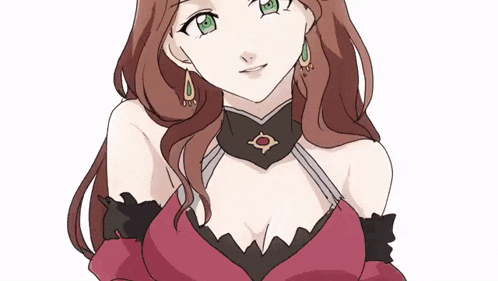 a girl with long brown hair and green eyes is wearing a red dress
