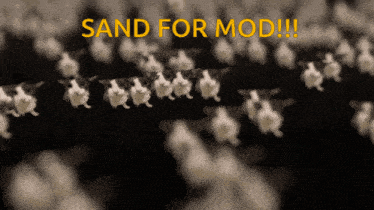 a blurred image of a bunch of rabbits with the words sand for mod written in yellow