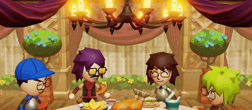 a group of cartoon characters are sitting at a table with food