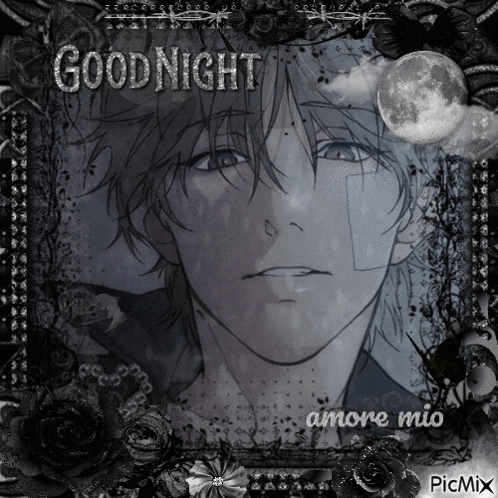 a black and white picture of a man with the words good night amore mio