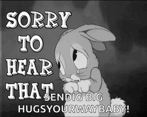 a picture of a sad bunny with the words " sorry to hear that "