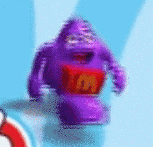 a purple gorilla with a red mcdonald 's box on his chest