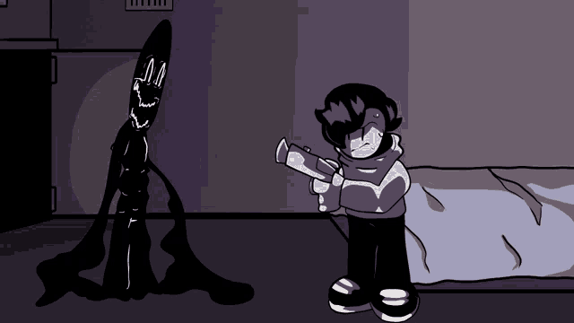 a cartoon character is holding a gun in front of a ghost