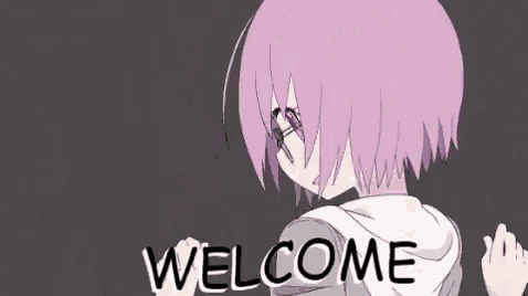 a purple haired anime girl is pointing at the words welcome .