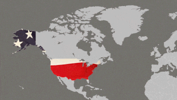 a map of north america with an american flag on top