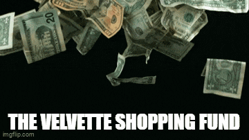 a pile of money with the words " the velvete shopping fund "