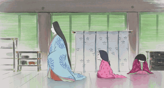 a drawing of a woman in a blue and white kimono