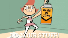 a cartoon character is holding a spray can that says head be gone
