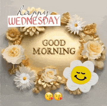 a wreath of flowers with a smiley face and the words happy wednesday good morning
