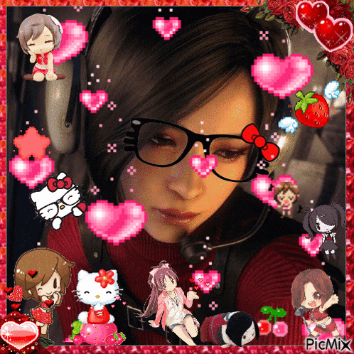a picture of a girl with glasses and hello kitty surrounded by hearts