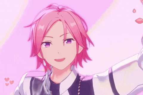 a girl with pink hair and purple eyes is making a peace sign with her hand .