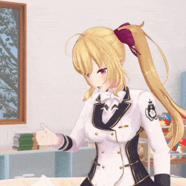 a blonde anime girl with a ponytail is giving a thumbs up in a bedroom