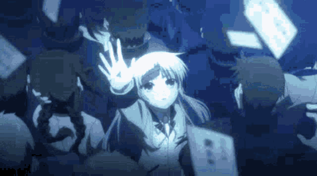 a group of anime characters are standing in a dark room with a girl reaching out her hand .