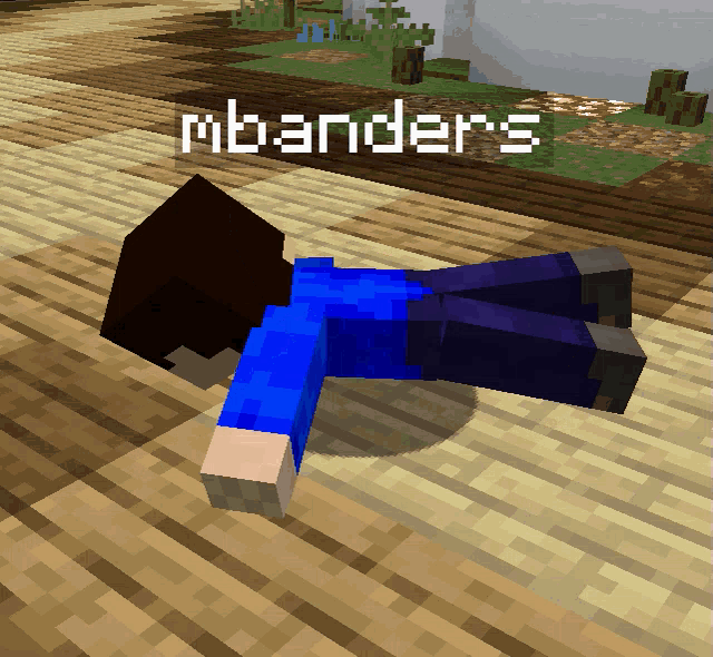 a person in a blue shirt is laying on a wooden floor in a video game called minecraft