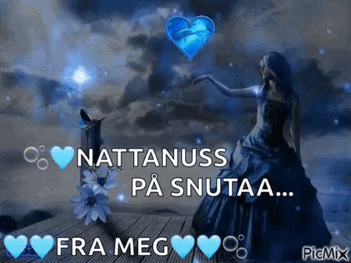 a picture of a woman in a blue dress with the words nattanuss på smutaa fra meg