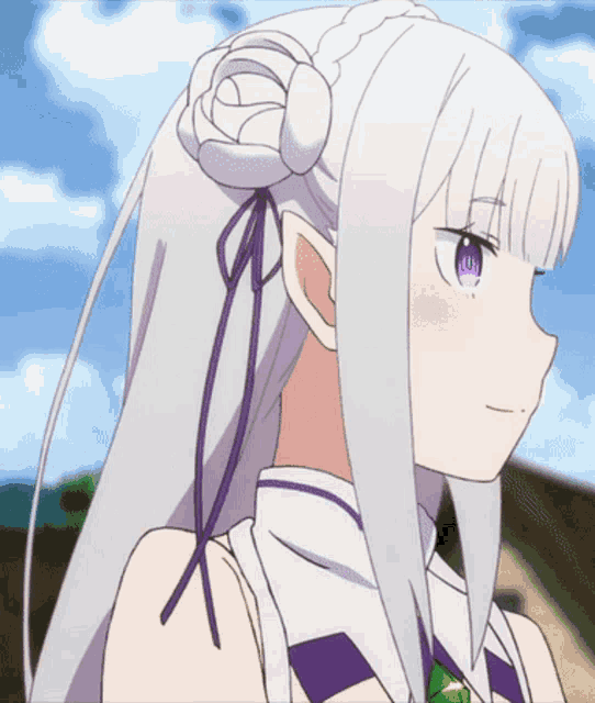 a white haired anime girl with purple eyes and a flower in her hair
